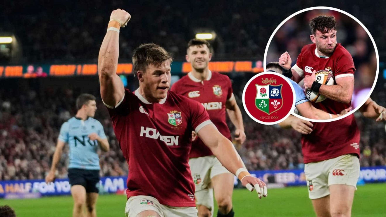 British and Irish Lions Huw Jones and Hugo Keenan against the NSW Waratahs.