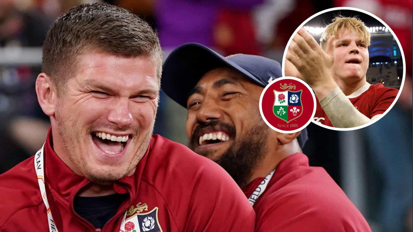 British and Irish Lions backs Owen Farrell and Bundee Aki with an inset of Henry Pollock.