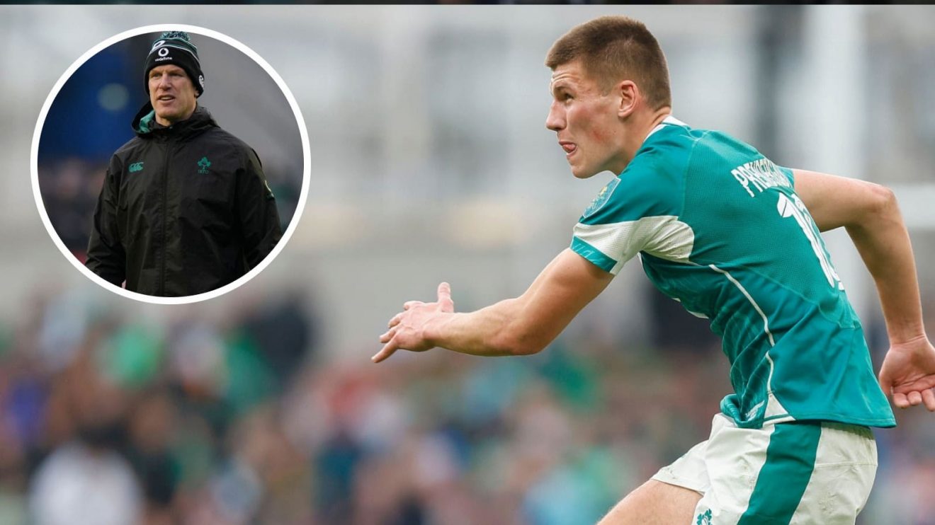 Ireland fly-half Sam Prendergast and interim head coach Paul O'Connell (inset).
