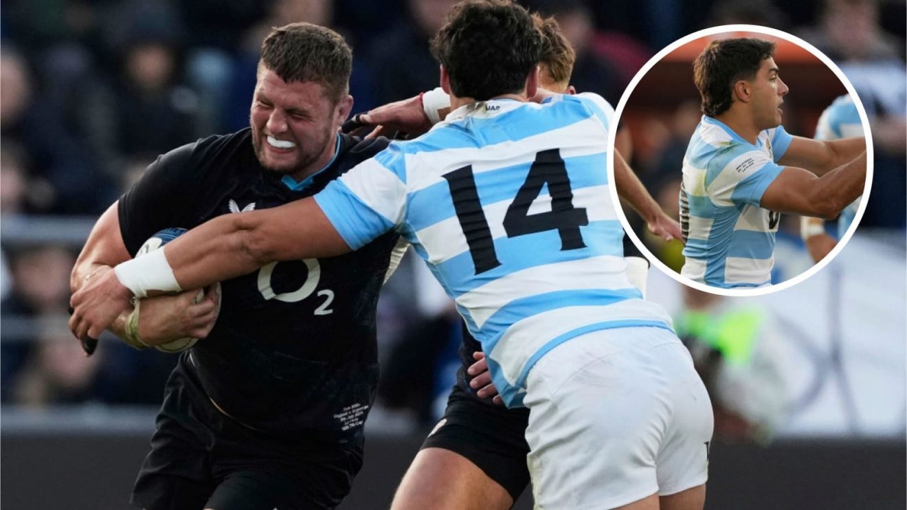 Tom Willis on the charge against Argentina and Los Pumas fly-half Santiago Carreras (inset).