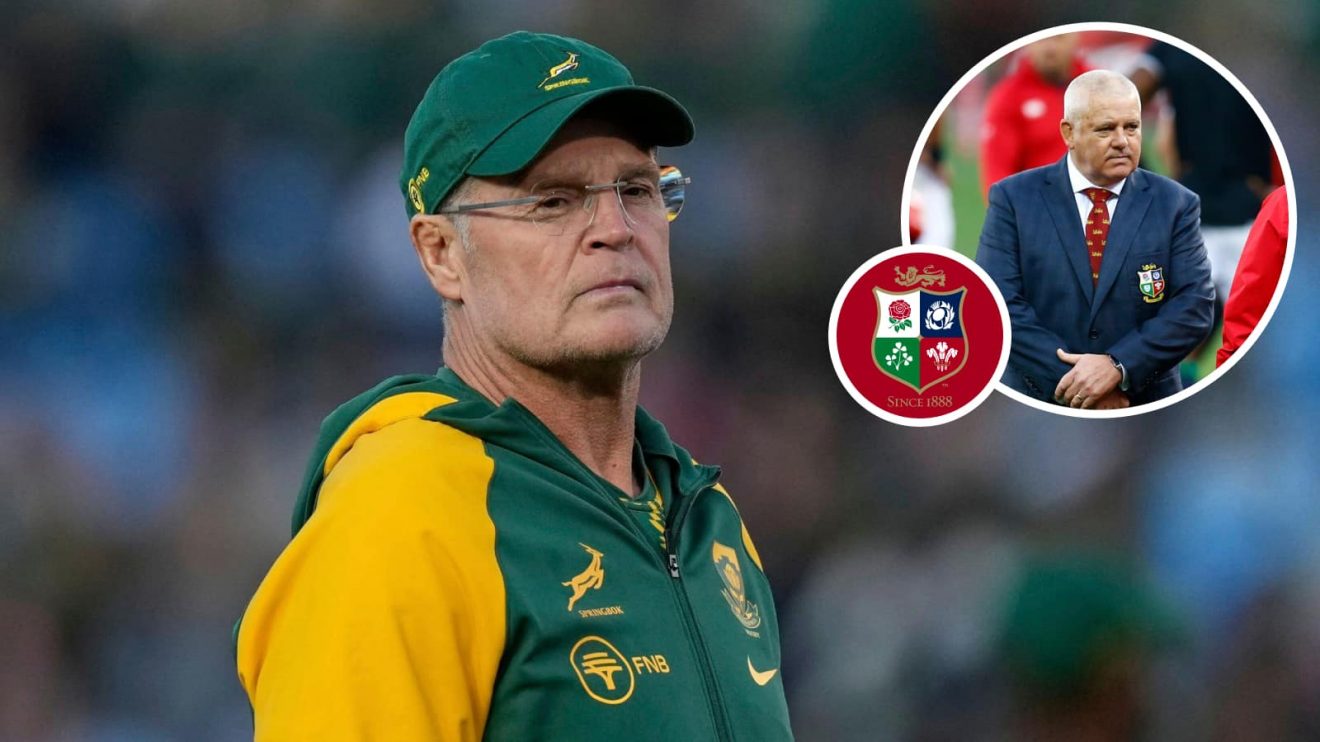 Springboks boss Rassie Erasmus and an inset of former Lions head coach Warren Gatland.