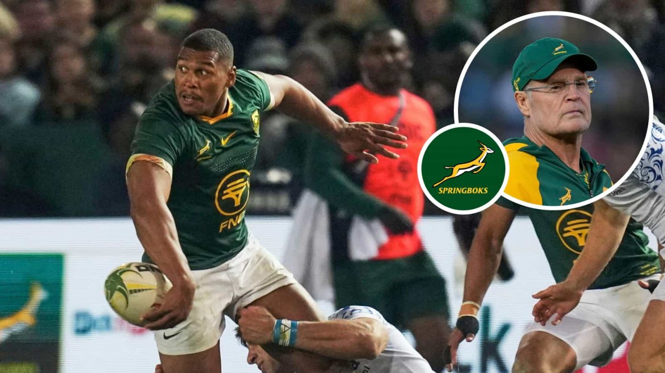 Damian Willemse and an inset of Springboks head coach Rassie Erasmus.