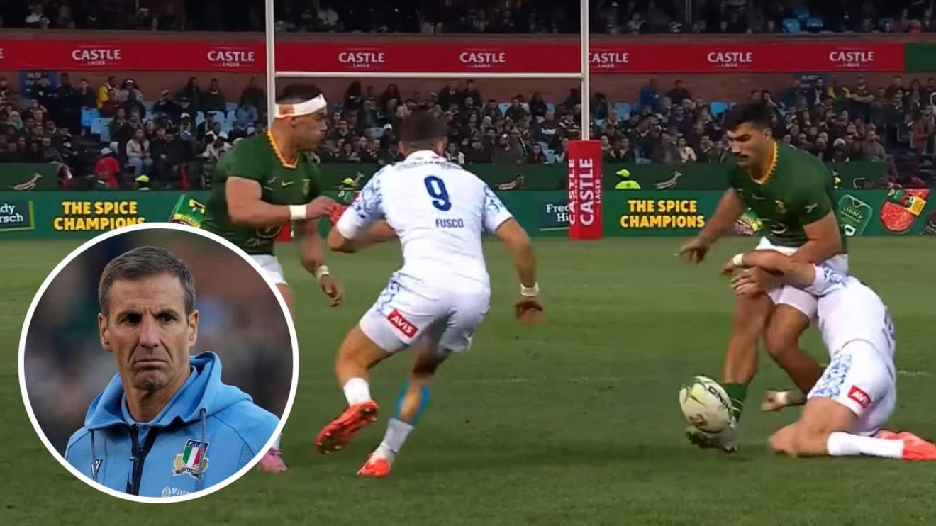 Springboks centres Damian de Allende and Jesse Kriel and an inset of Italy coach Gonzalo Quesada.