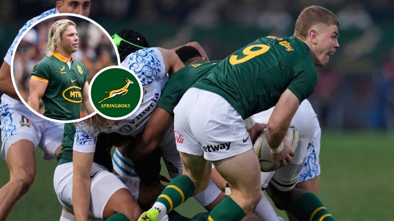 Springboks scrum-half Morne van den Berg in action against Italy and fellow number nine Faf de Klerk (inset).