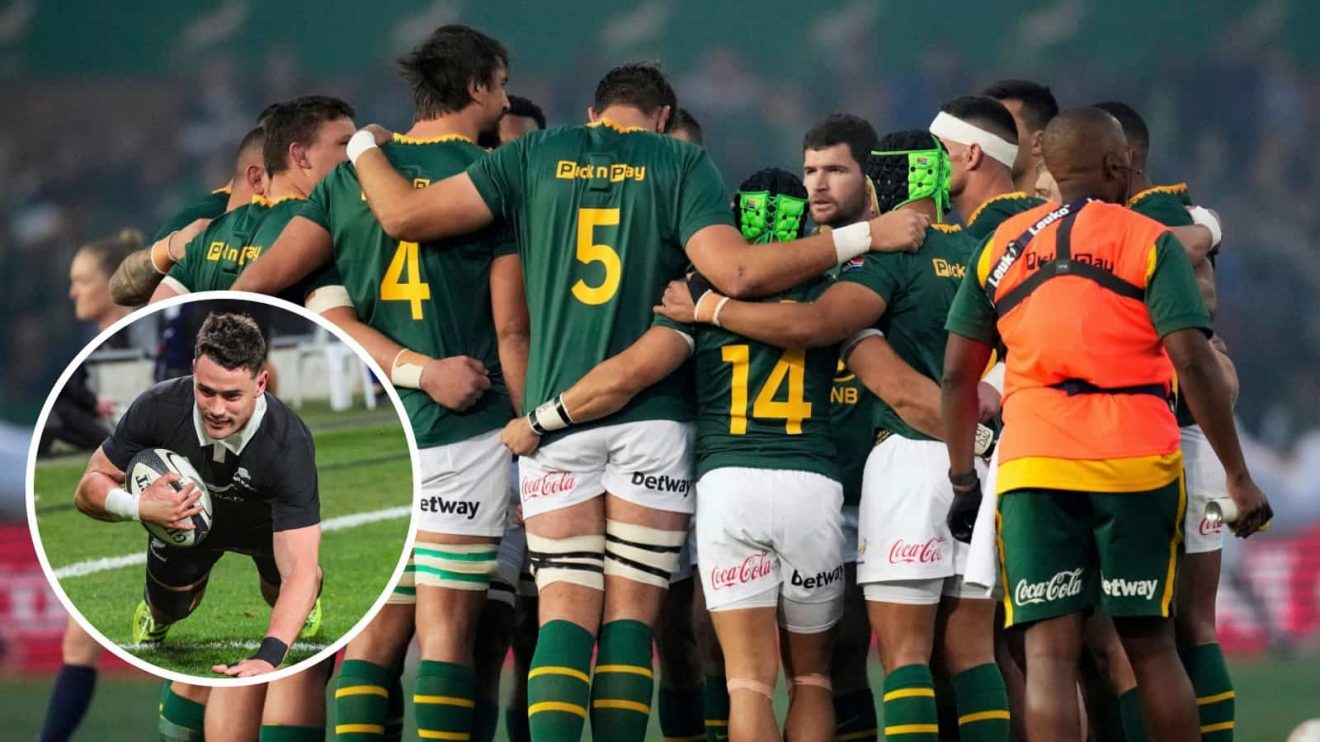 Springboks team huddle ahead of Italy clash and Will Jordan scoring against France (inset).