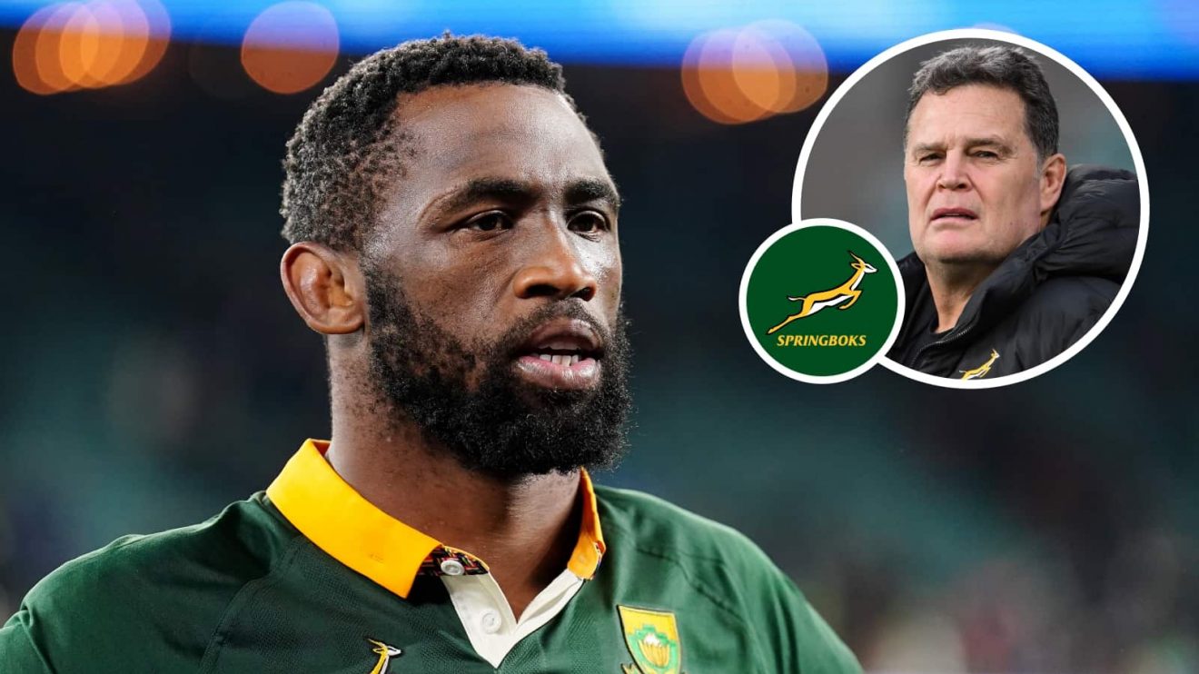 Springboks captain Siya Kolisi and an inset of head coach Rassie Erasmus.