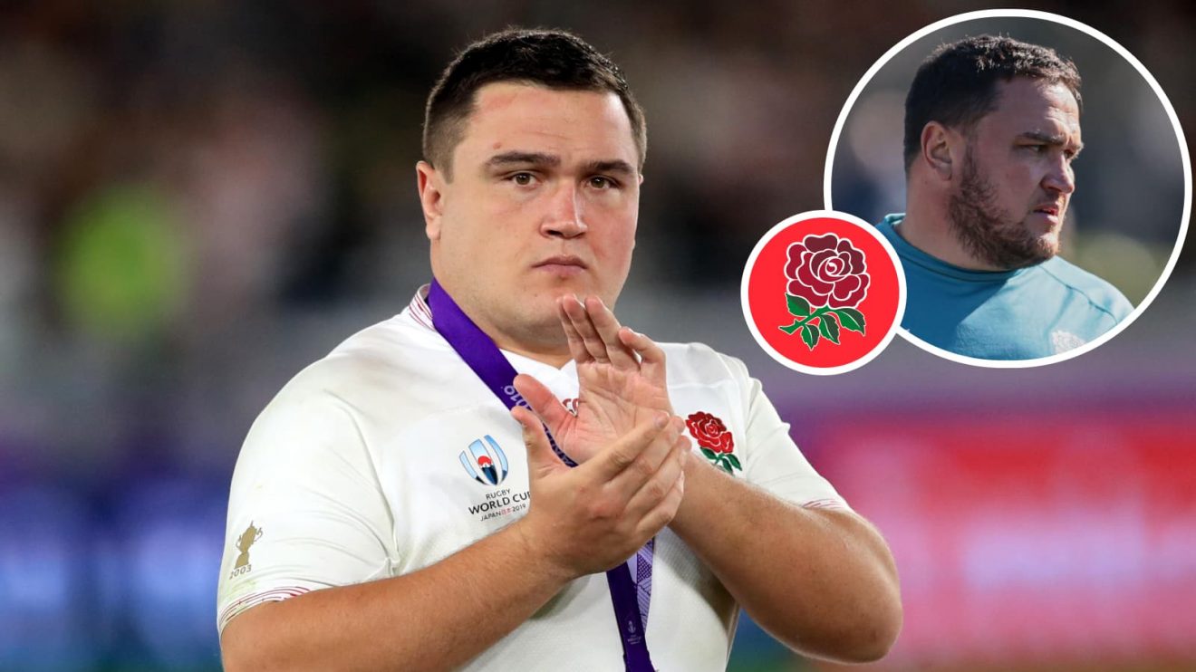 England hooker Jamie George after the 2019 Rugby World Cup and an inset of him in training.