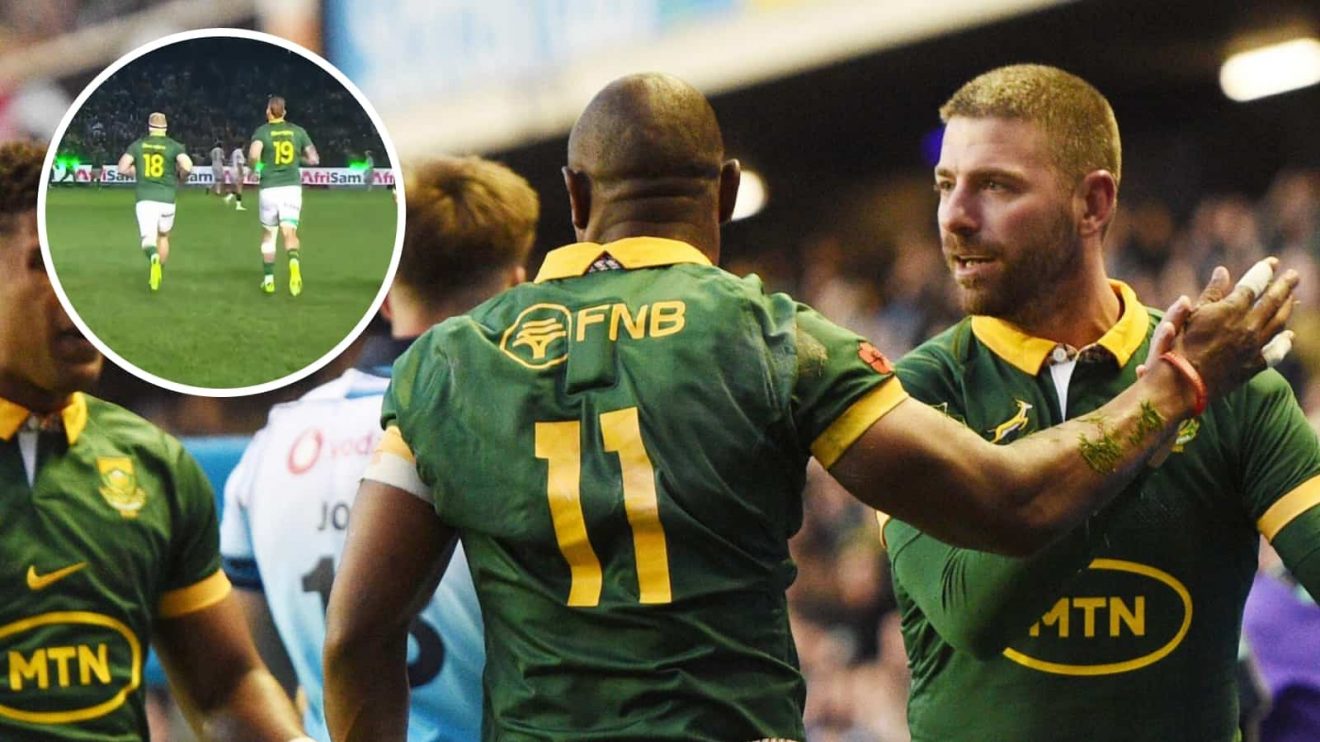 Springboks veteran Willie Le Roux and an inset of the Bomb Squad entering the field against Italy.