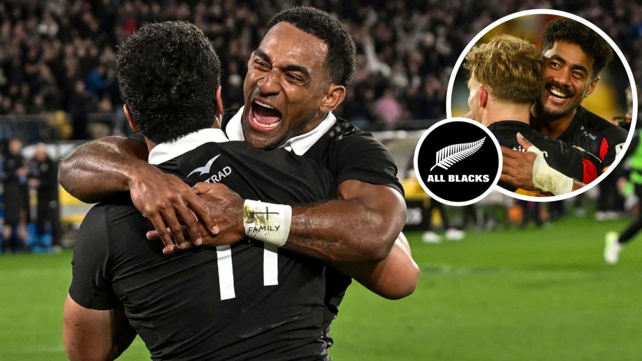All Blacks wingers Sevu Reece, Caleb Clarke and an inset of Emoni Narawa.