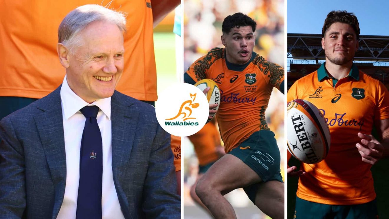Wallabies head coach Joe Schmidt and playmakers Noah Lolesio and James O'Connor.