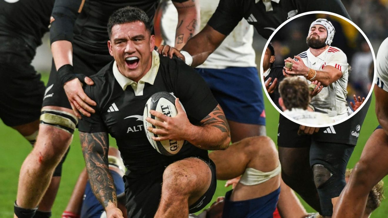 Codie Taylor scoring a try for All Blacks v France and Les Bleus flanker Pierre Bochaton (inset).
