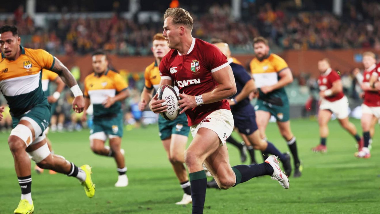 Duhan van der Merwe scoring a try for the Lions against AUNZ in 2025.