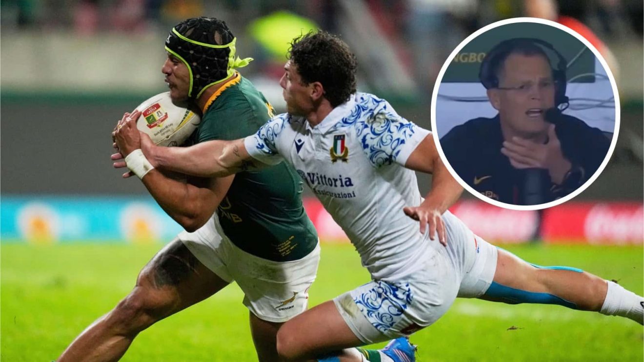 Edwill van der Merwe against Italy with an inset of Springboks head coach Rassie Erasmus(.