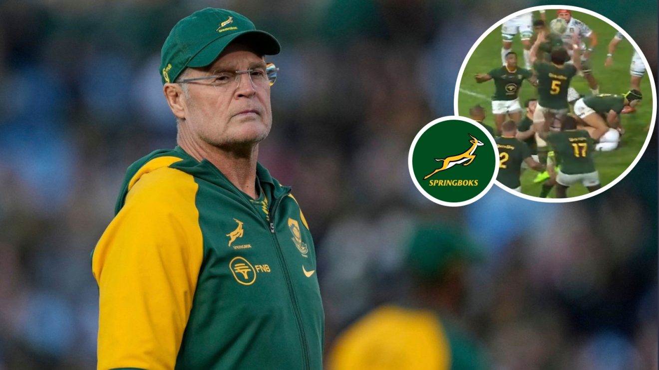 Springboks head coach Rassie Erasmus and South Africa's unique maul tactic against Italy (inset).