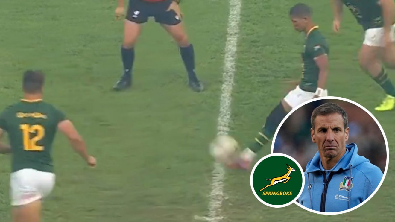 Springboks' kick-off routine and Italy head coach Gonzalo Quesada (inset).
