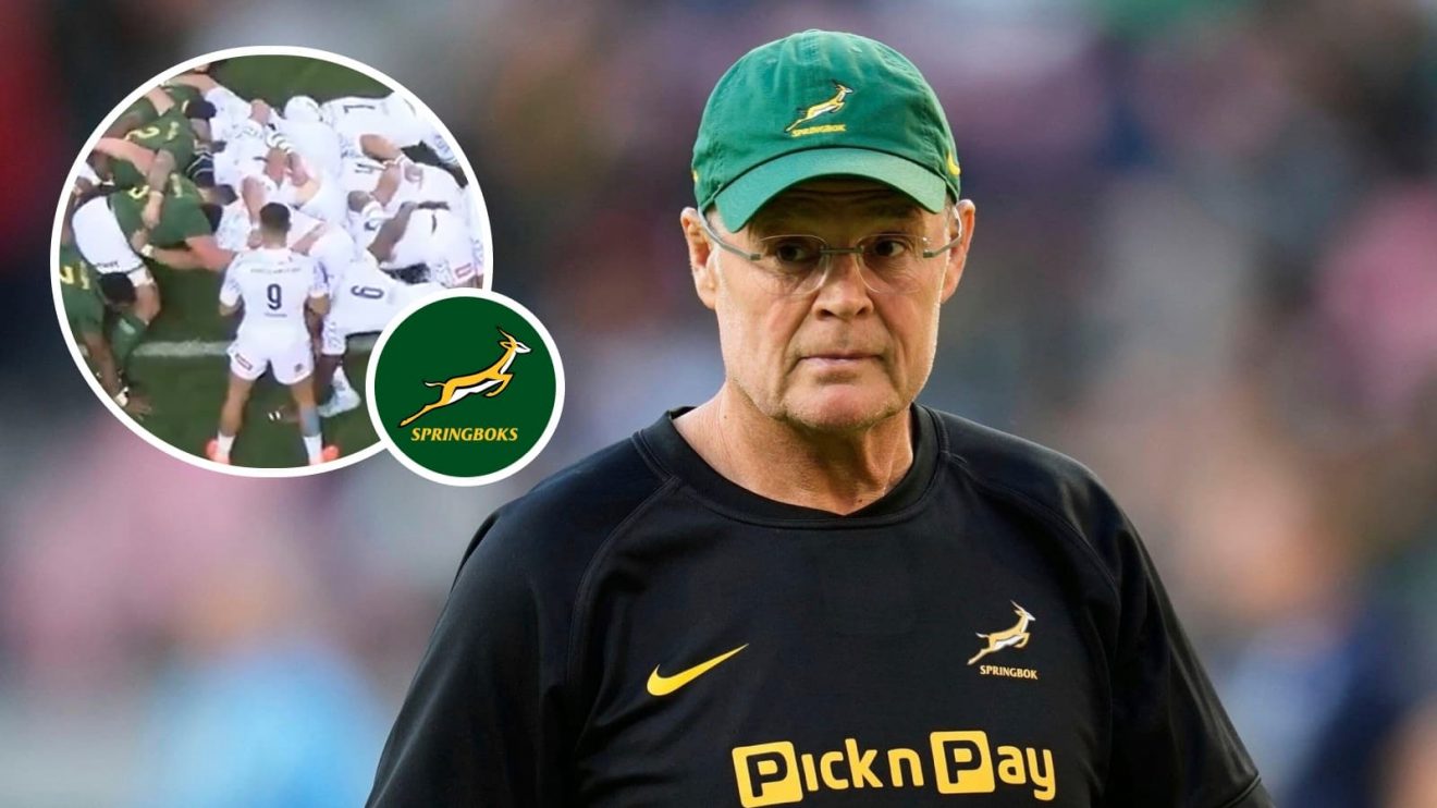 Springboks head coach Rassie Erasmus and an inset of a scrum between South Africa and Italy