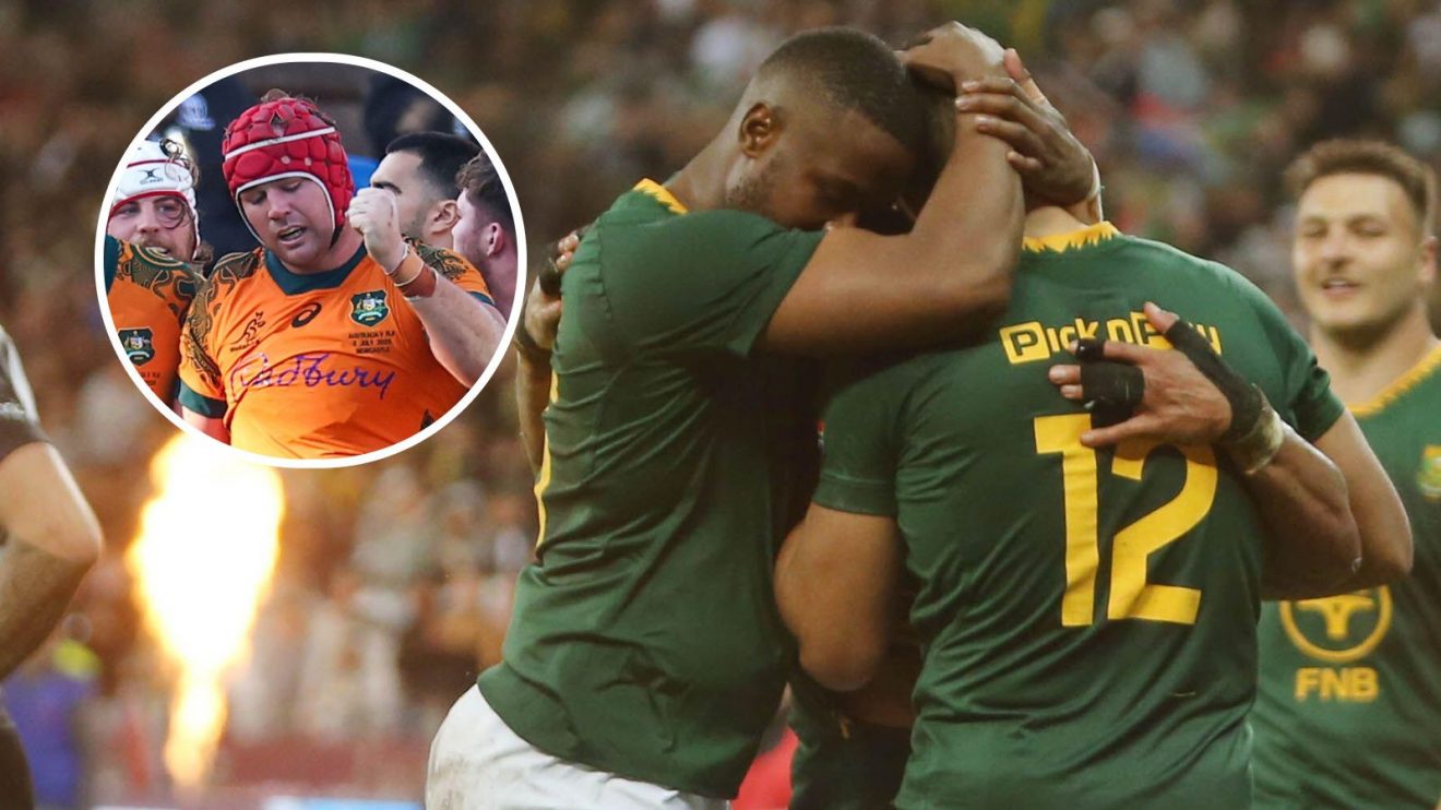 A two layered image of the Springboks and Wallabies