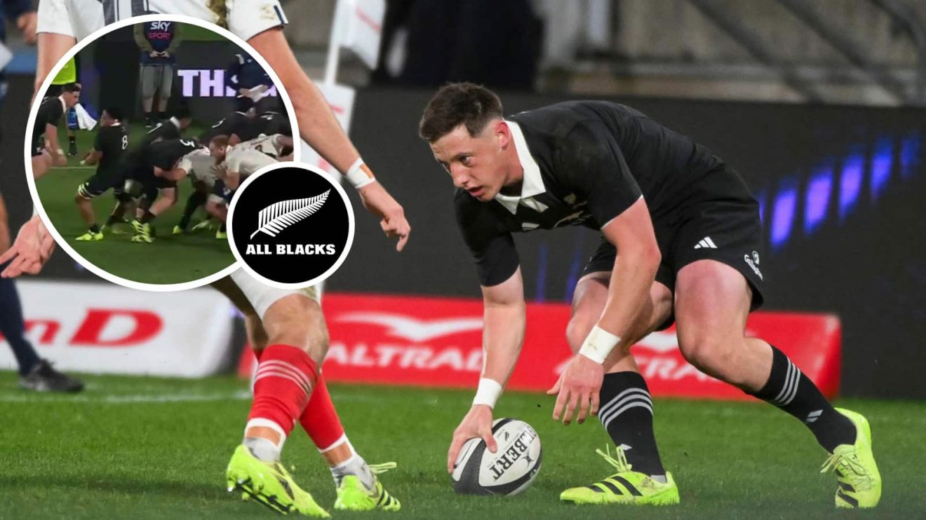 Cam Roigard scores against France and an inset of the maul.