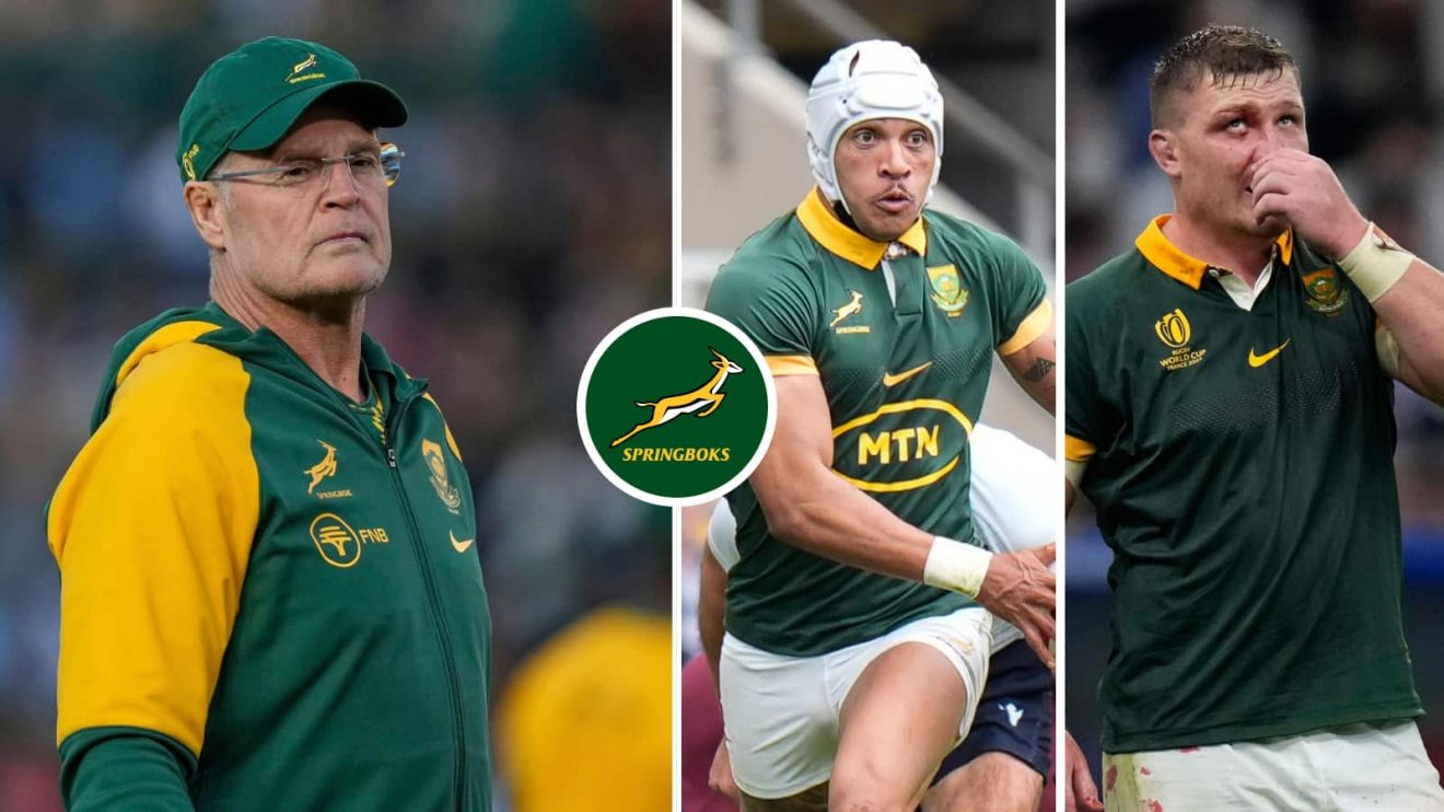 Springboks coach Rassie Erasmus, winger Edwill van der Merwe and number eight Jasper Wiese.