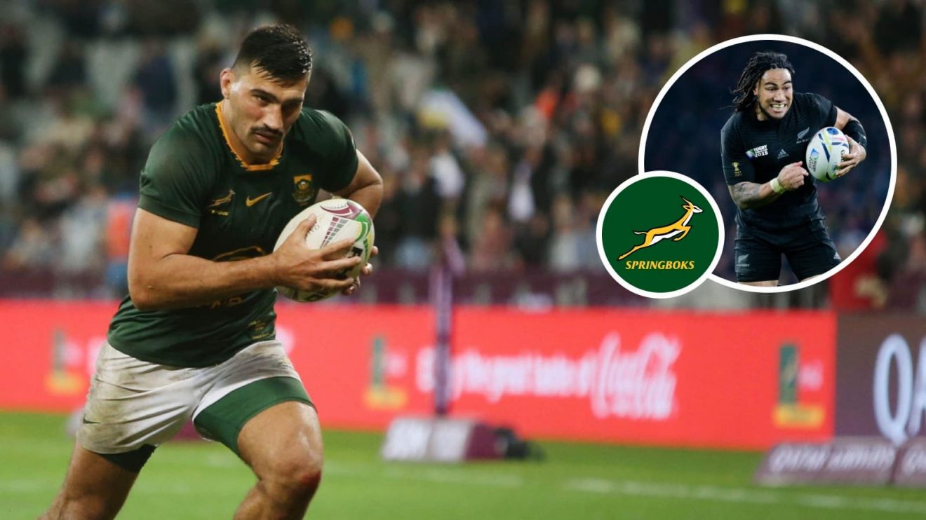 Springboks centre Damian de Allende and All Blacks legend Ma'a Nonu (inset).