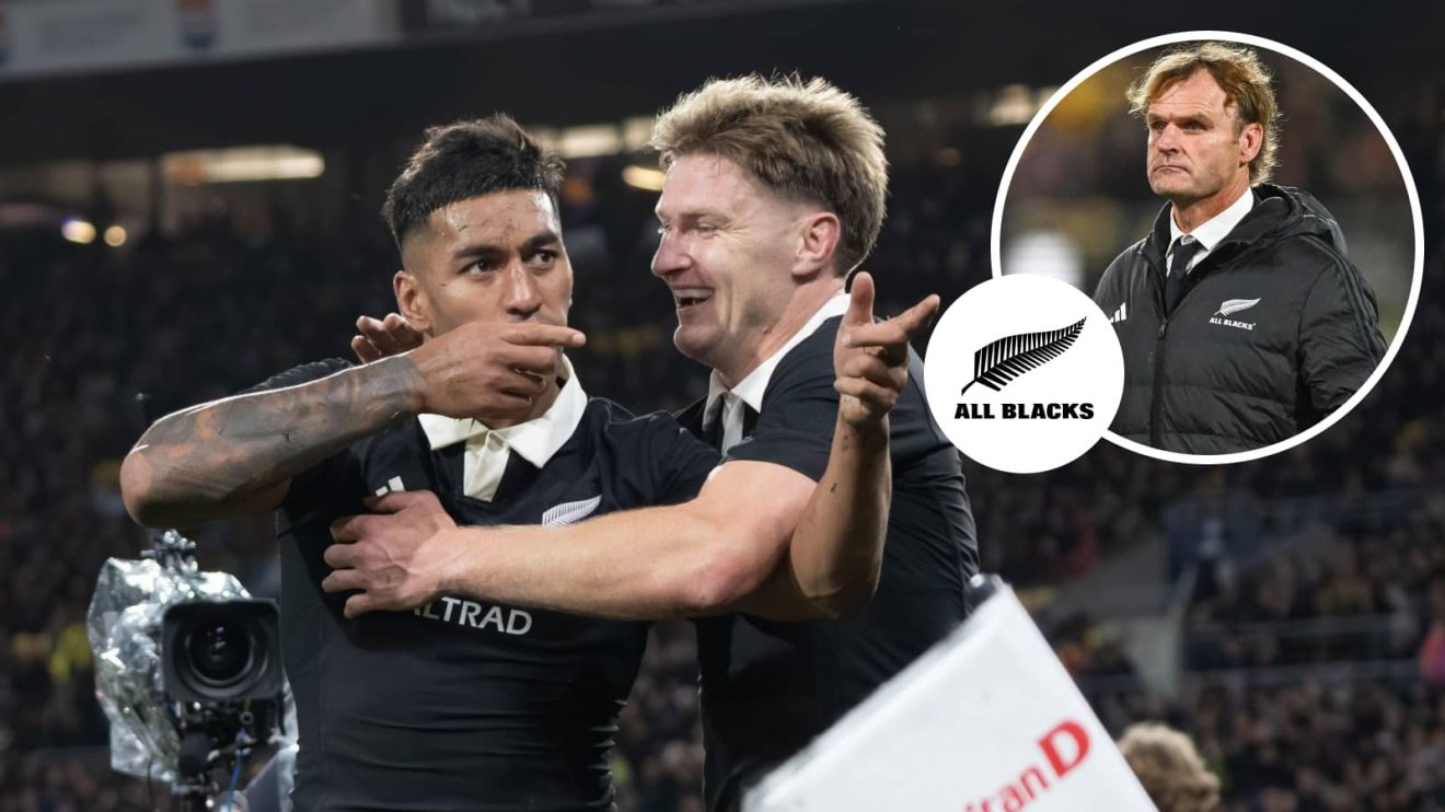 All Blacks winger Rieko Ioane and centre Jordie Barrett with an inset of Scott Robertson.