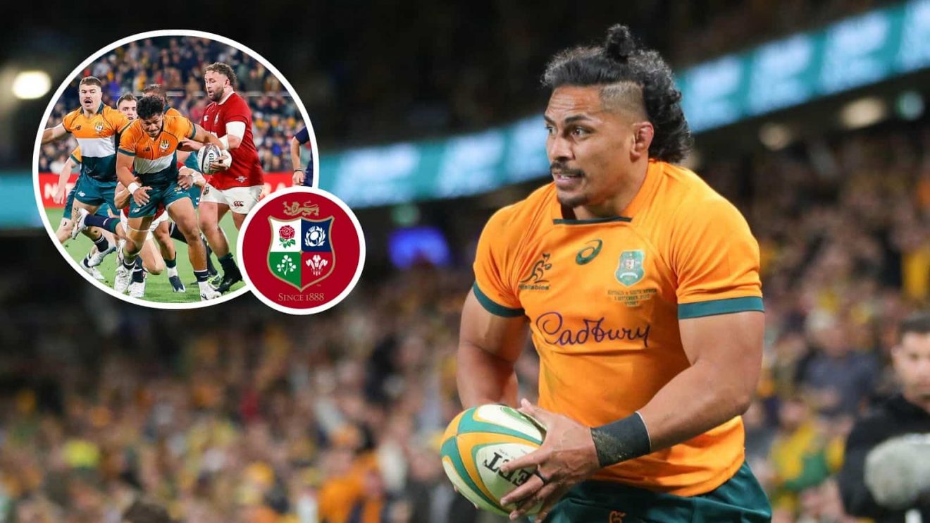 Wallabies loose forward Pete Samu and an inset of him in action against the British and Irish Lions.