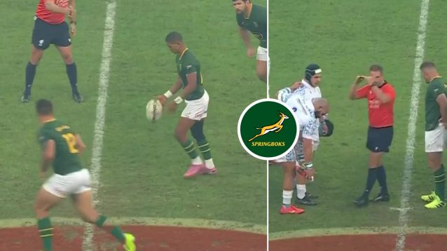 Manie Libbok's kick-off between the Springboks and Italy and referee Andrew Brace ordering a scrum.
