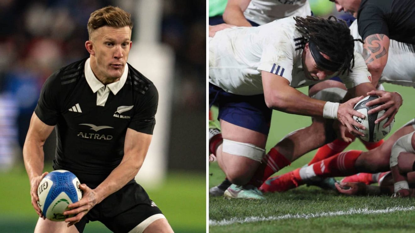 All Blacks fly-half Damian McKenzie and France back five forward Mickael Guillard (inset).