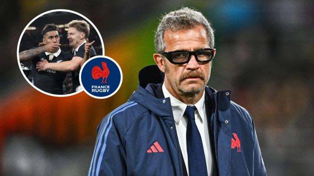 France head coach Fabien Galthie and an inset of Jordie Barrett and Rieko Ioane after an All Blacks try.