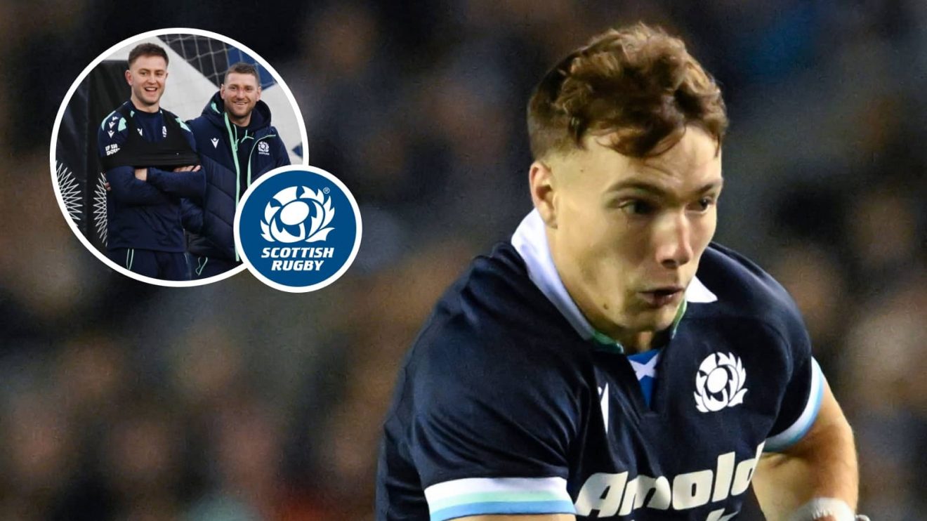 Scotland scrum-half Jamie Dobie and fly-half duo Fergus Burke and Finn Russell earlier in 2025 (inset).