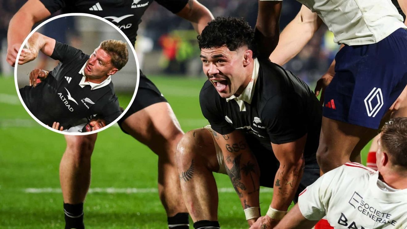 Du'Plessis Kirifi celebrates scoring a try and an inset of All Blacks centre Jordie Barrett.
