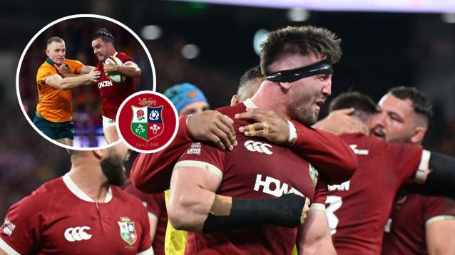 British and Irish Lions flanker Tom Curry celebrates scoring a try in the first Test match and an inset of James Lowe.