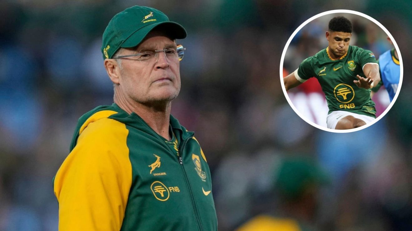Springboks head coach Rassie Erasmus and fly-half Sacha Feinberg-Mngomezulu (inset).