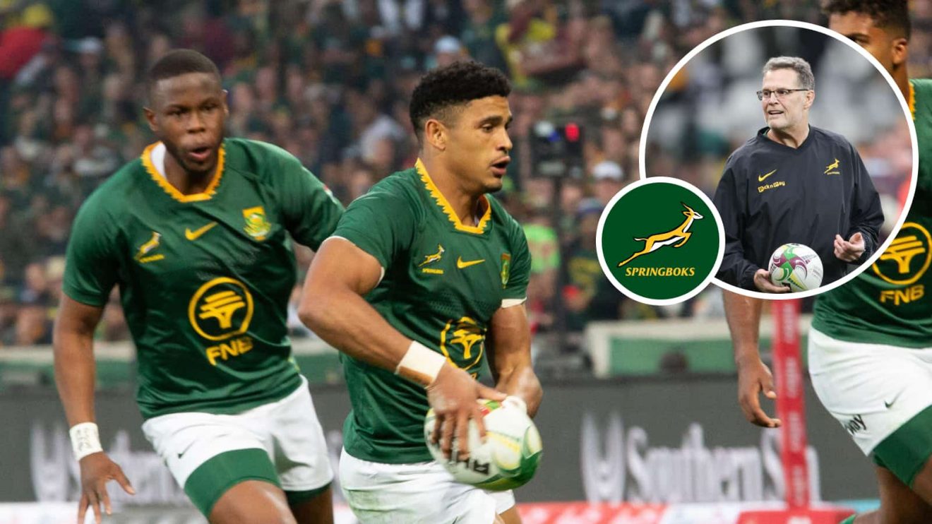 Springboks fly-half Sacha Feinberg-Mngomezulu and head coach Rassie Erasmus.