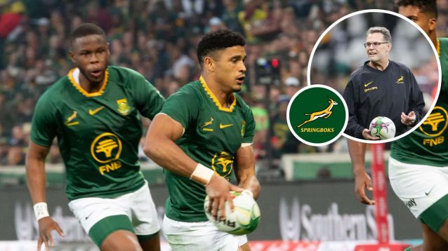 Springboks fly-half Sacha Feinberg-Mngomezulu and head coach Rassie Erasmus.