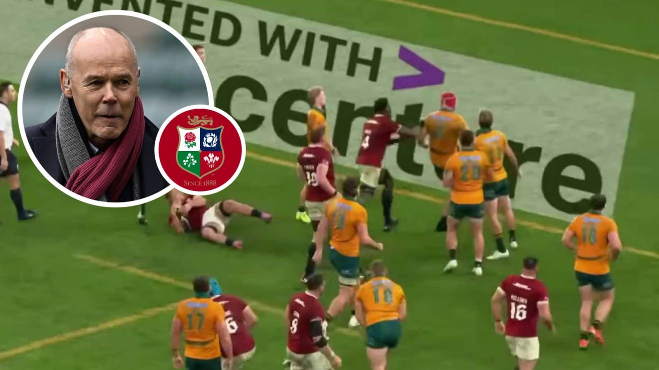 Wallabies captain Harry Wilson kicks the ball out during the first Test against the British and Irish Lions and an inset of Sir Clive Woodward.