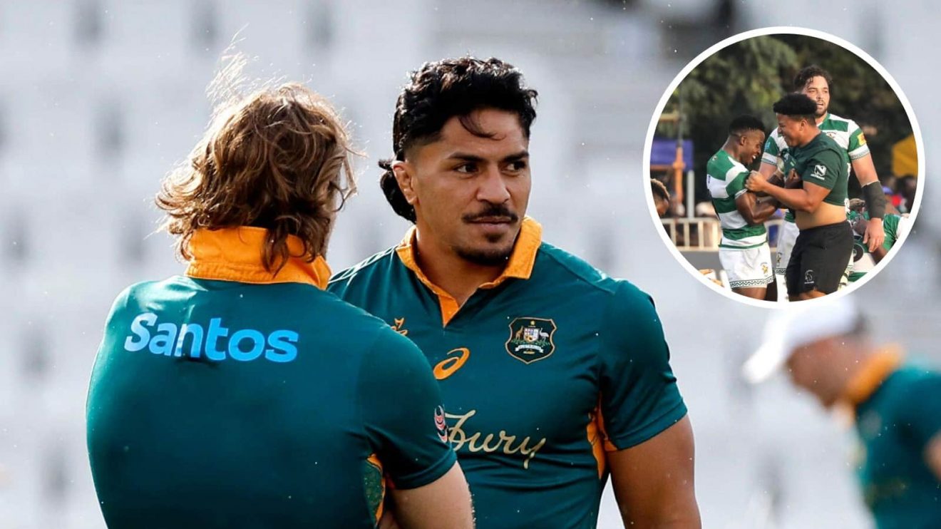 Wallabies back rower Pete Samu and an inset of players of Zimbabwe celebrate winning the final match of the Rugby Africa Cup between Zimbabwe and Namibia in Kampala.