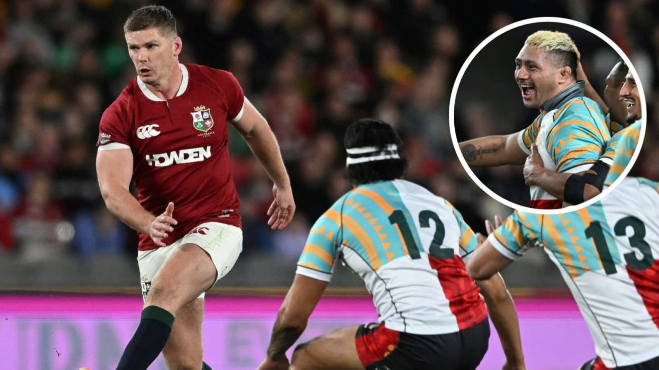 Owen Farrell in action for the British and Irish Lions and Rob Leota celebrates try for FNP (inset).