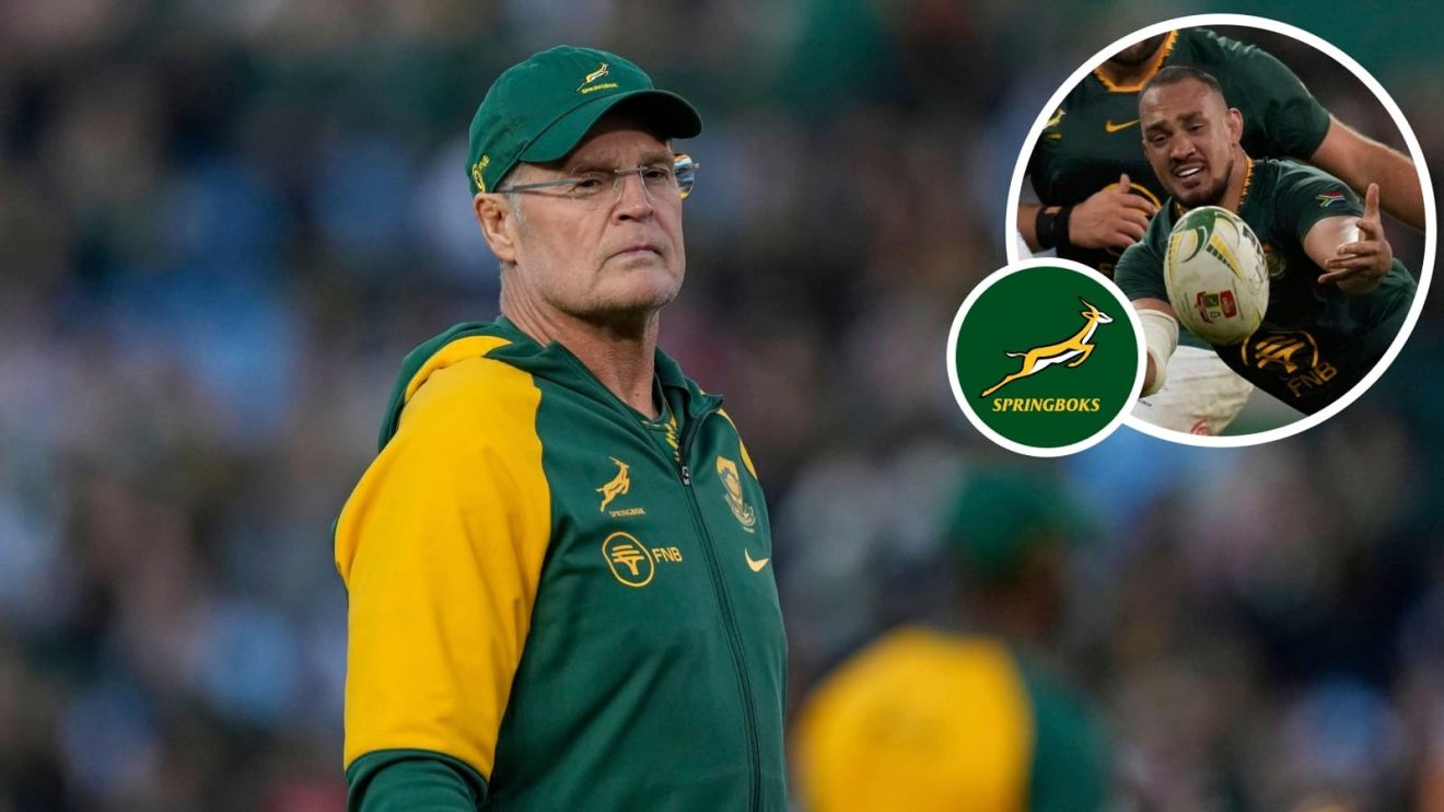 Springboks head coach Rassie Erasmus and an inset of Salmaan Moerat.