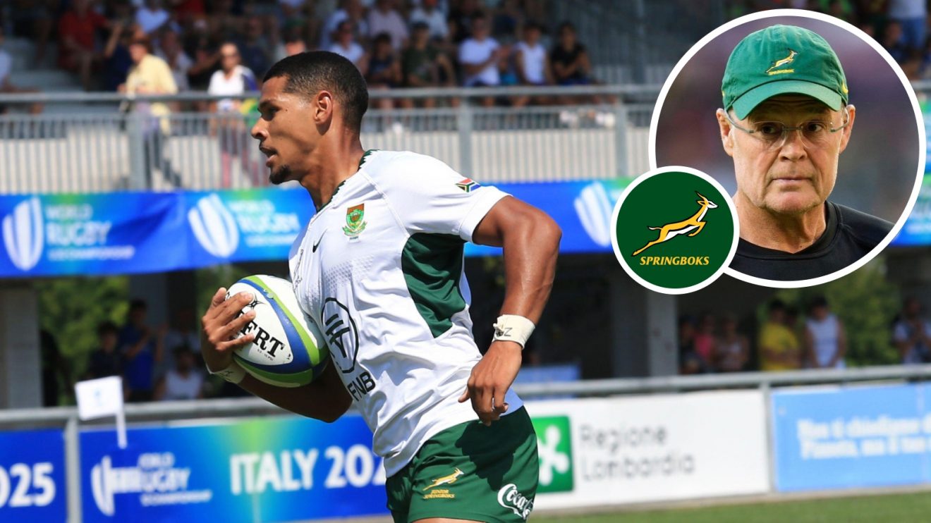 South Africa's player Hassiem Pead scores a try iduring the World Rugby U20 Championship and an inset of Springboks head coach Rassie Erasmus.