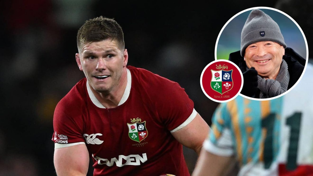 British and Irish Lions fly-half Owen Farrell and an inset of ex-England coach Eddie Jones.