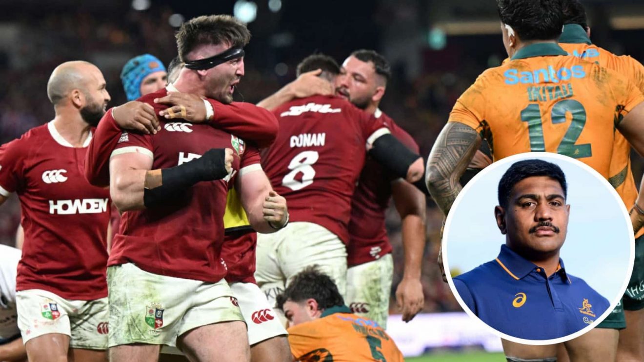 British and Irish Lions celebrate Tom Curry try in first Test and Wallabies lock Will Skelton (inset).