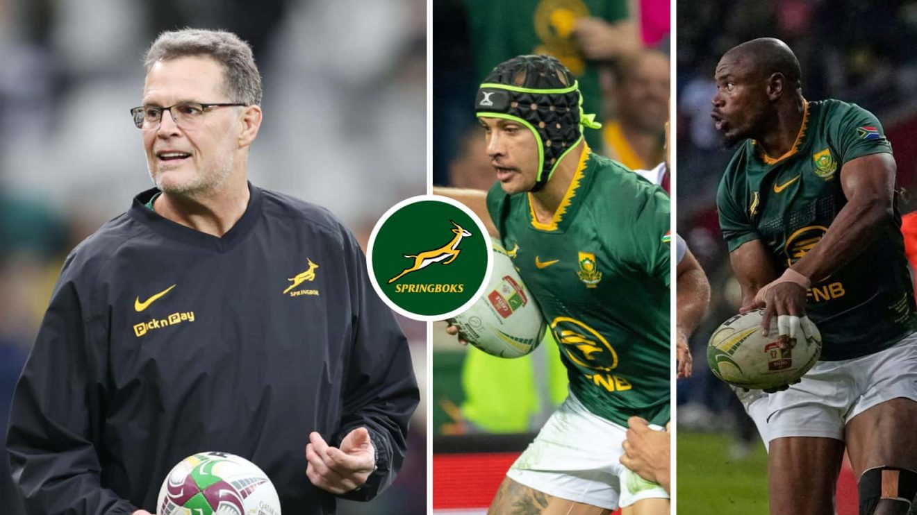 Springboks head coach Rassie Erasmus and wingers Edwill van der Merwe and Makazole Mapimpi.