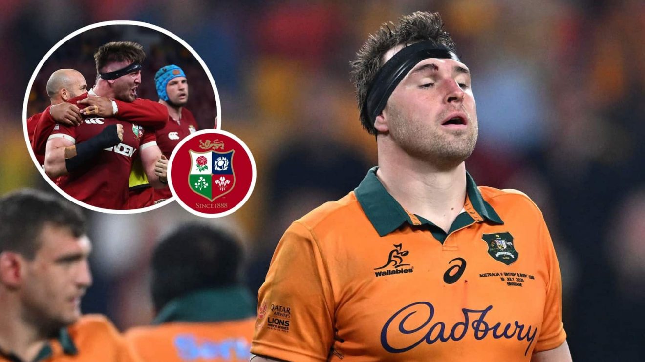 Wallabies lock Nick Frost and an inset of British and Irish Lions flanker Tom Curry celebrating a try.