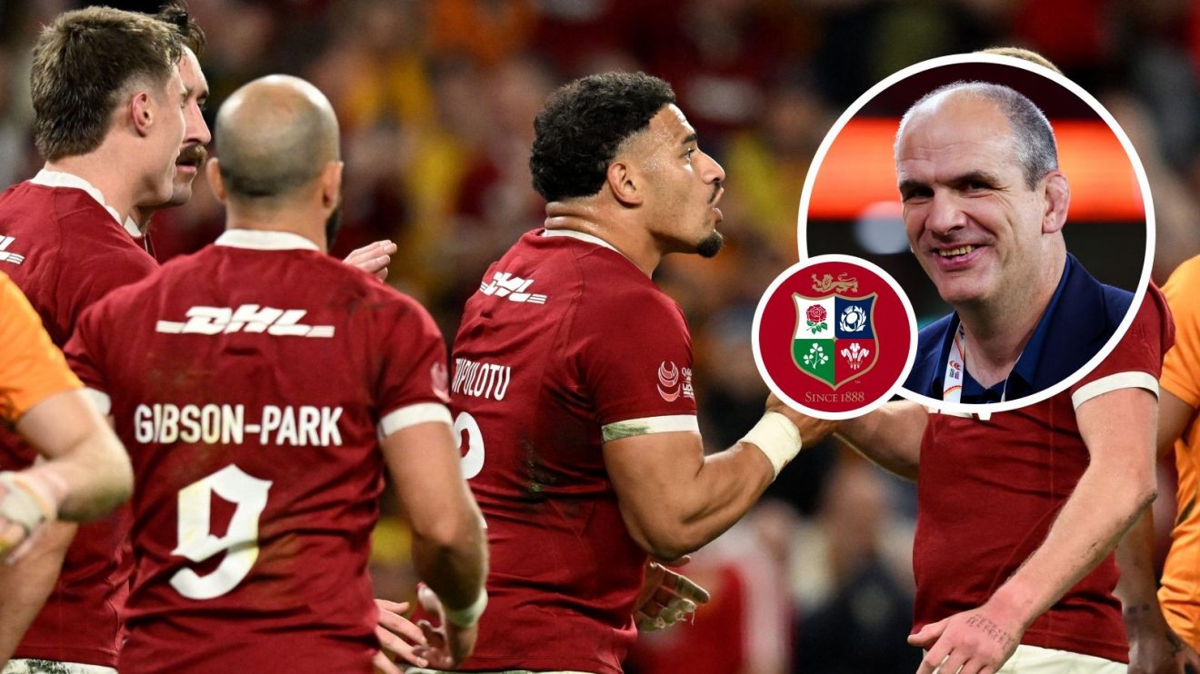 A two layered picture of Lions players and Martin Johnson