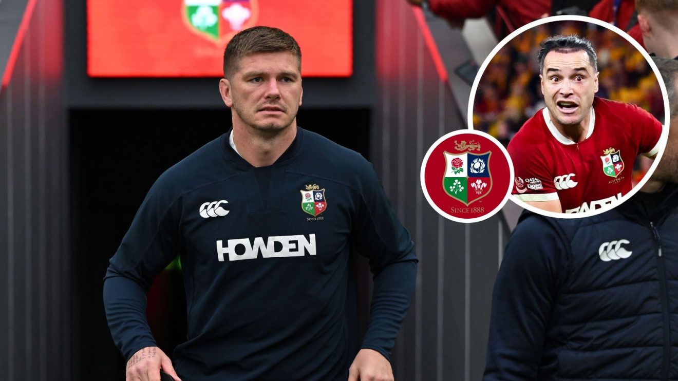 A two layered image of Owen Farrell and James Lowe