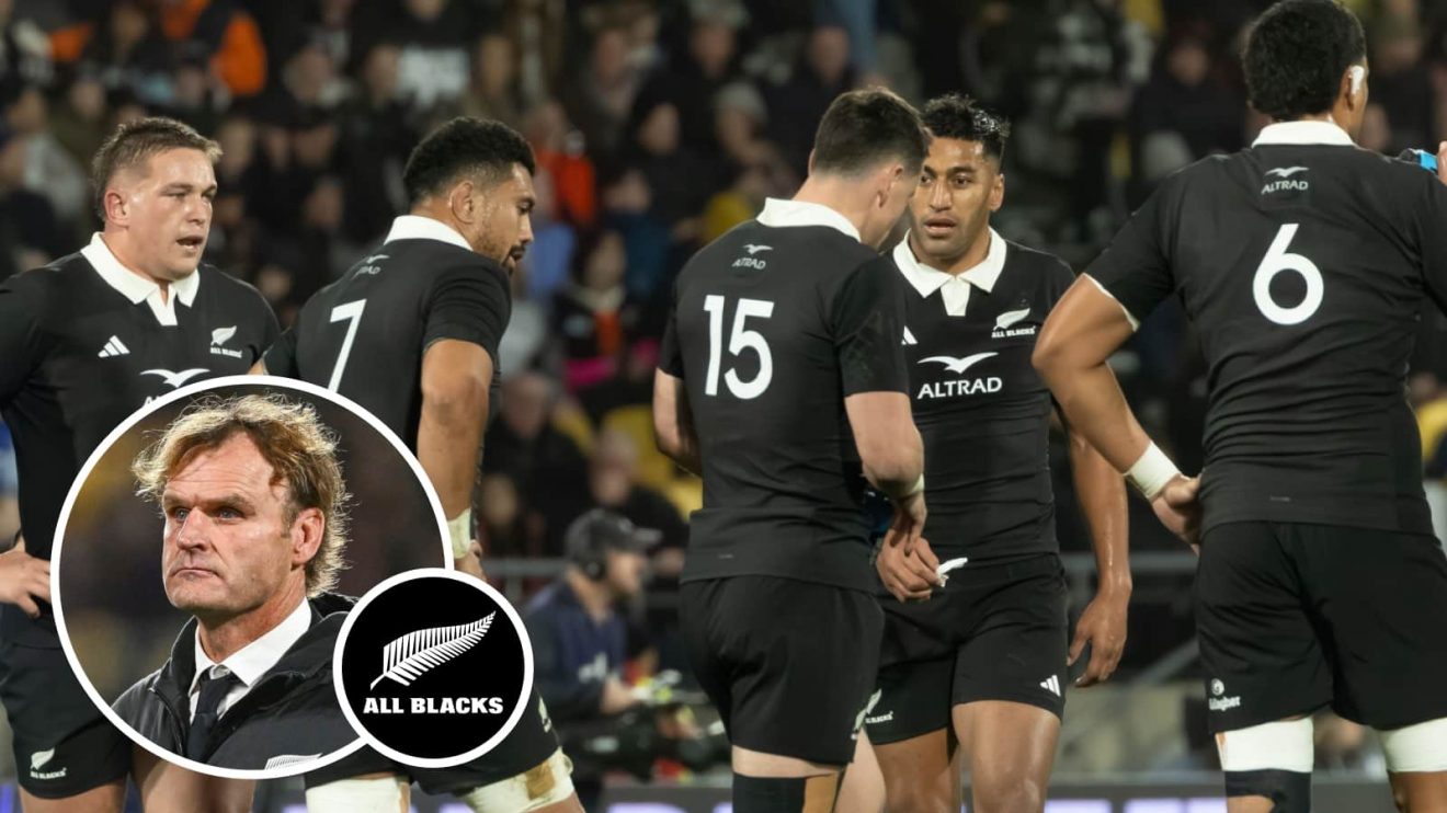 All Blacks during France series in July 2025 and head coach Scott Robertson (inset).