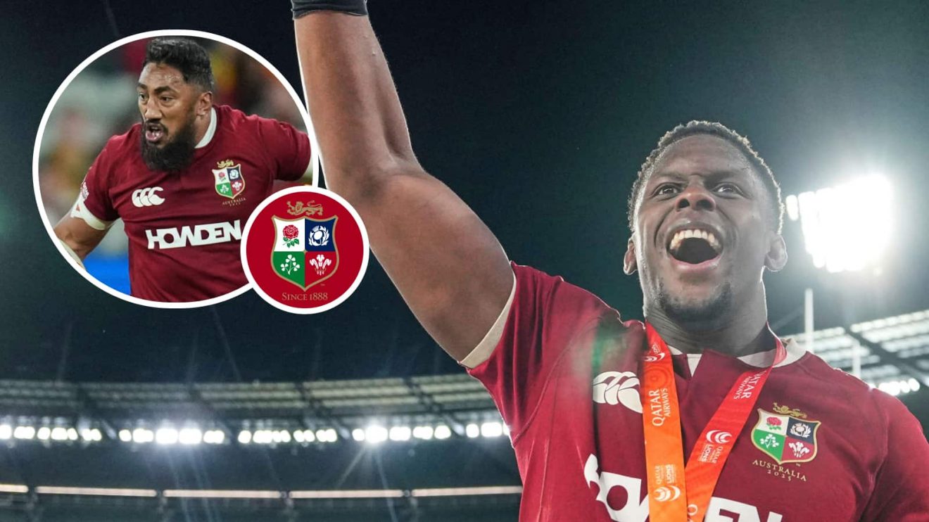 British and Irish Lions captain Maro Itoje and an inset of centre Bundee Aki.