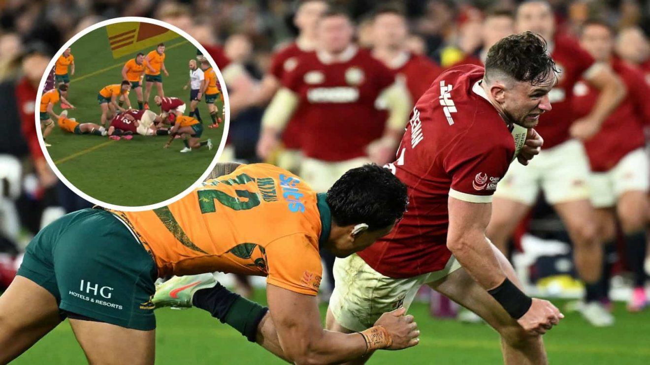 Hugo Keenan's winning try for the British and Irish Lions, and the incident (inset) which led to it.