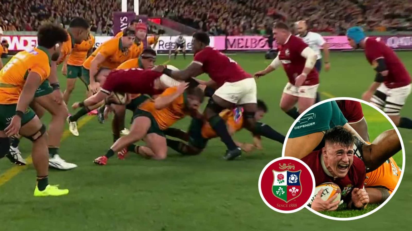 British and Irish Lions hooker Dan Sheehan scoring against the Wallabies.